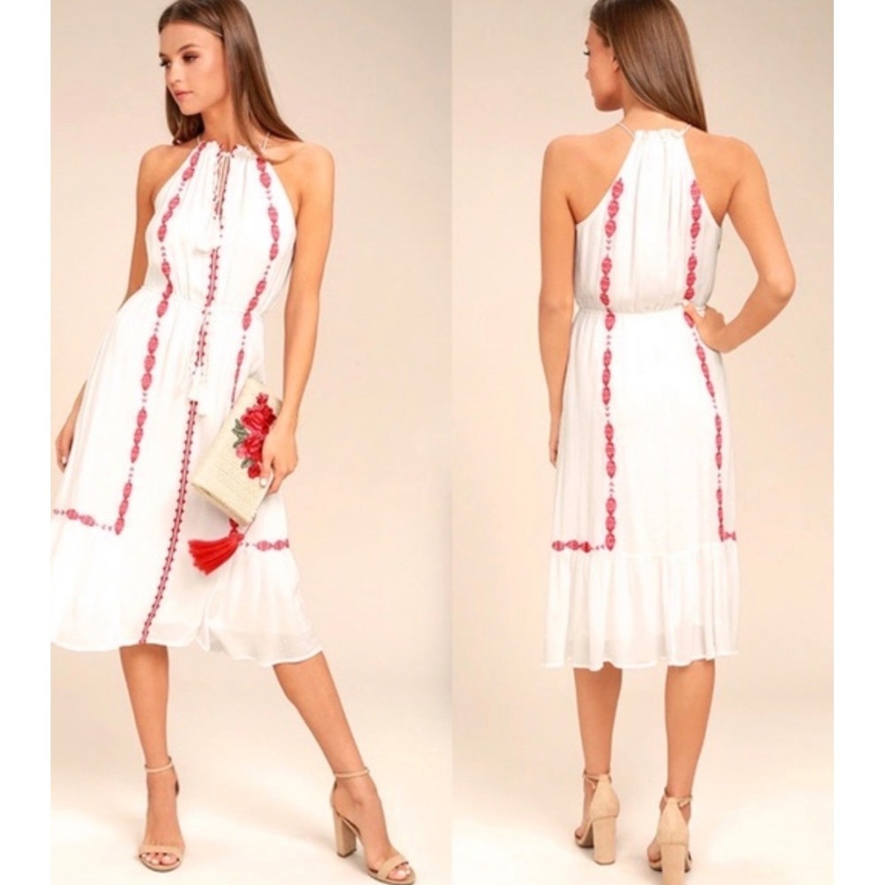 Lulus Halter Dress Large Boho‎ White Embroidered Peasant Festival Hippie Summer